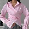Women's Striped Button Down Shirt Wrap Tops Tie Back Waist Long Sleeves Lace-Trim Bell Cuffs Adjustable Waist Office Dressy Casual Shirts for Women
