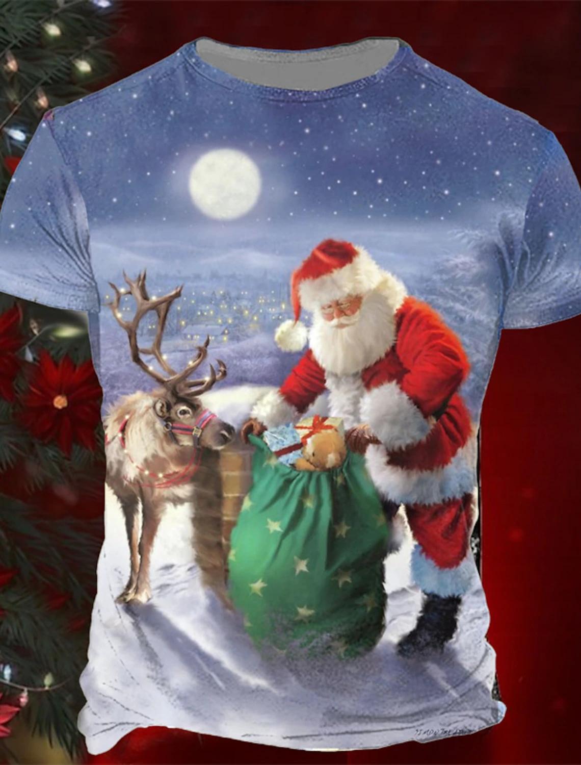 ETST 009 Christmas Holiday Shirt 3D Printed Hot Christmas Short Sleeve Party Men's Tops Rave Santa Printed Casual Fashion Menswear XS
