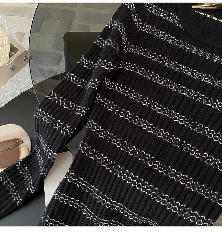 Spring Elegant Striped Knit Dress - Black