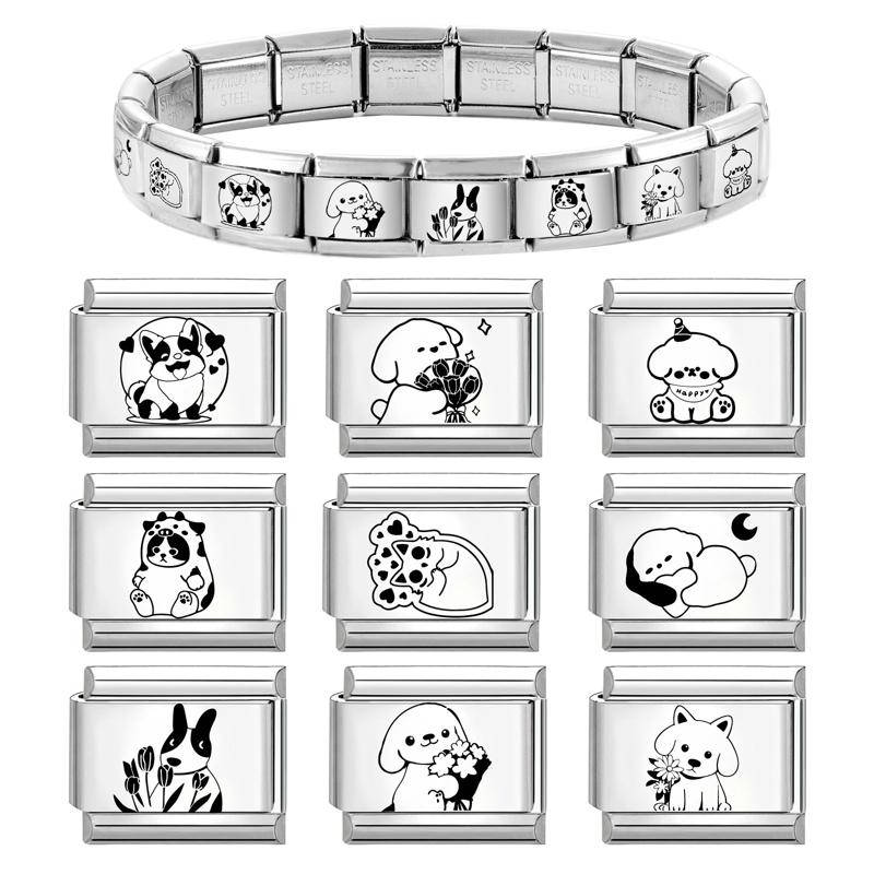 Laser Engraving Black Cartoon Cute Cat Dog DIY Italian Charm Links Fit 9mm Stainless Steel Bracelet Women Jewelry Making Gifts