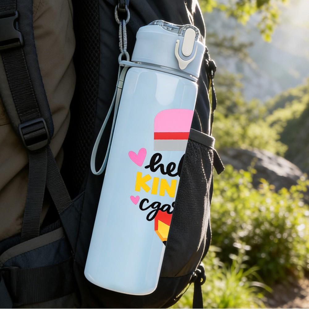 1PC Hello Kindergarten Rainbow Badge Print 750ml Color Plastic Sports Water Bottle Leakproof Flip Straw Lid Suitable for Sports Office Home Use