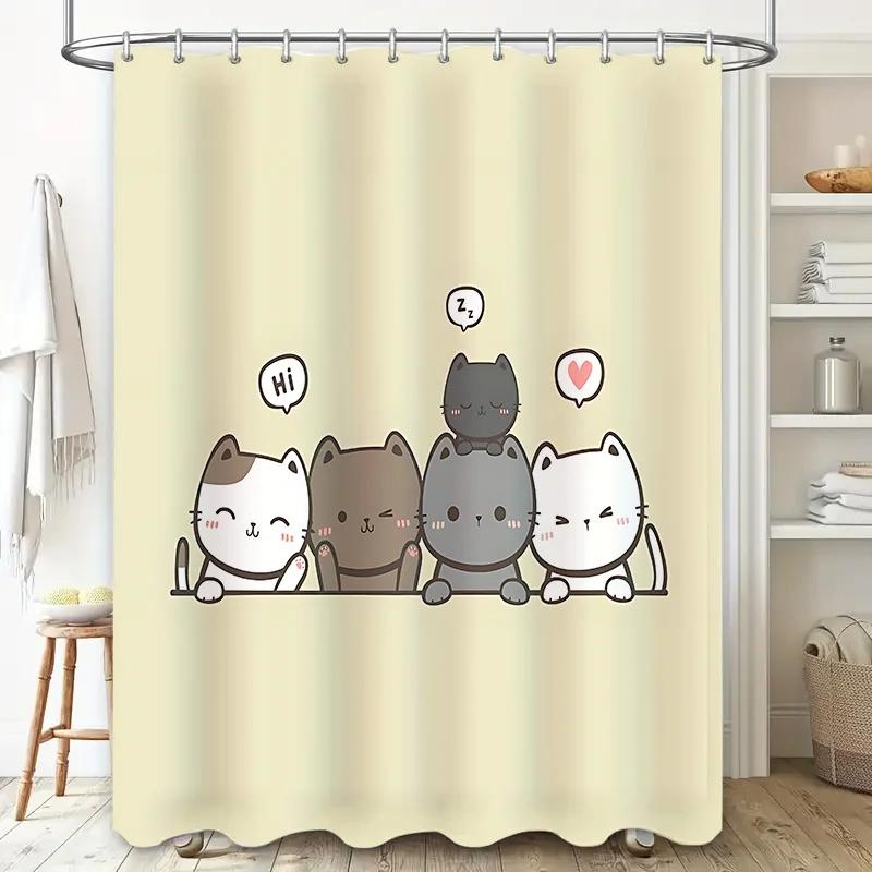 

Cute Cat Family Shower Curtain Adorable Design For Kids Bathroom Decor Soft Colors Bring Warmth Waterproof Durable Easy-Clean W60H190(CM)-1 Pcs