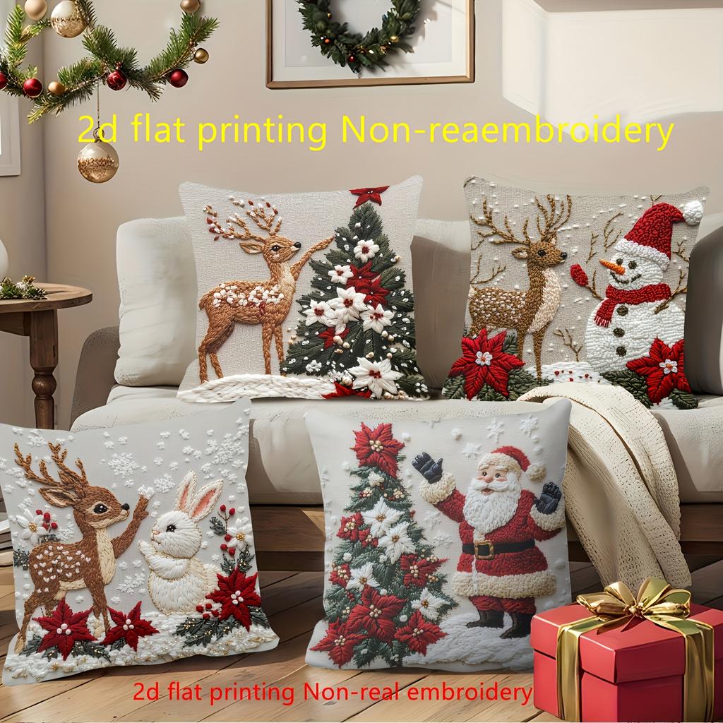2D Flat Printing, 4 Christmas Themed Pillowcases, Featuring Design Elements Such As Santa Claus and Reindeer, Non Real Embroidery,  Zippered Closure