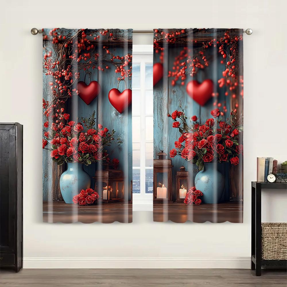 2pc, Romantic Valentine's Day Curtains Red Wood Theme Polyester,Without Electricity Holiday Decorations for aesthetic room