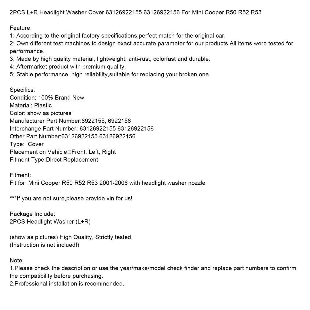 2PCS L+R Headlight Washer Cover 63126922155 For Mini Cooper R50 R52 R53