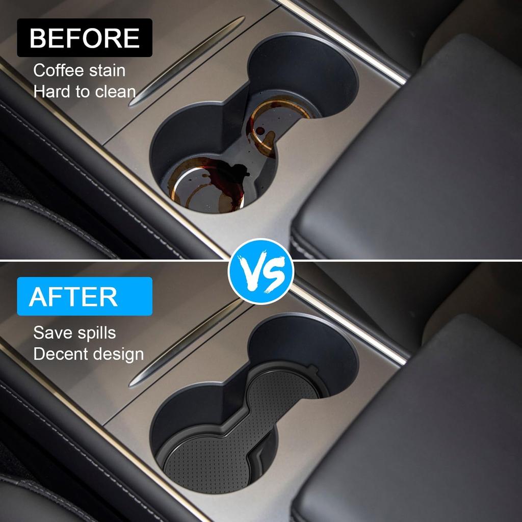 For Tesla Model 3 Accessories - Model Y -2024 2025 Cup Holder Erts Center Console Liner Coasters Mat Pad Interior Decoration 3D Silicone (Black Trim,