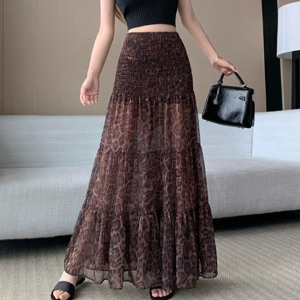 

New 2026 Women s Midi Skirt Spring Summer Fashion Loose Fit Elastic Waist Leopard Print Tulle Pleated Slimming Long Skirts Asian XL