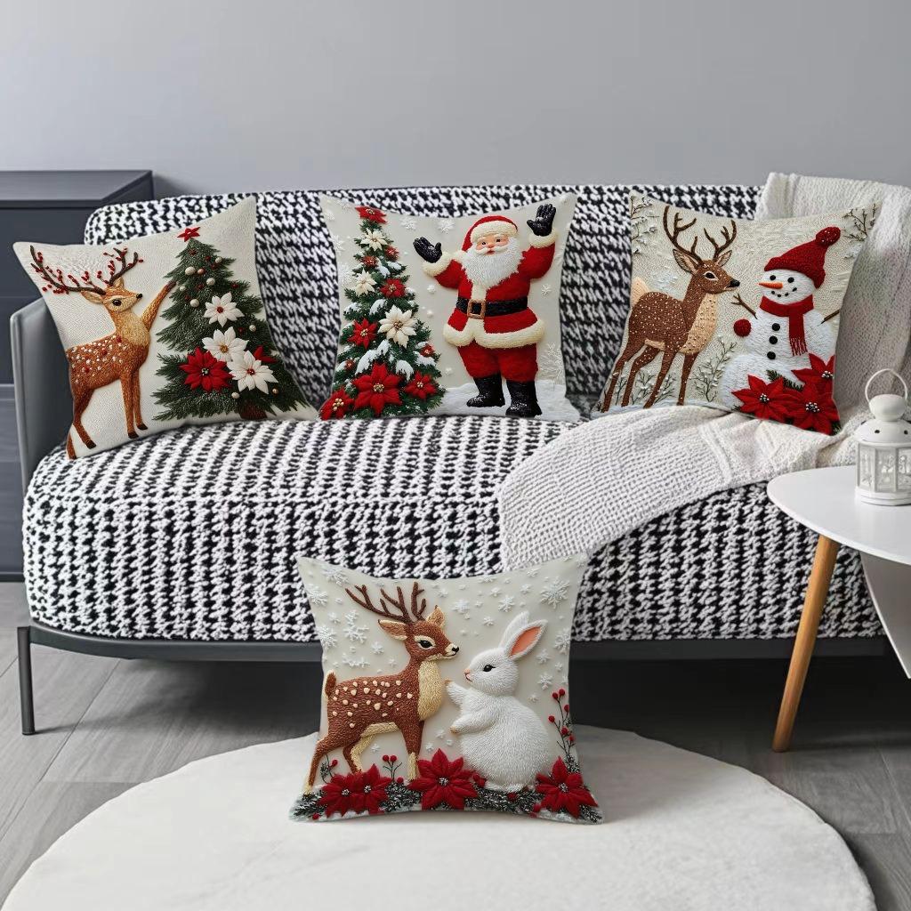Christmas Pillow Cover - Festive Cartoon Linen Cushion Covers for Sofa Decor Pillowcase Xmas Cushion Cover Gift  ( No Pillow Core )
