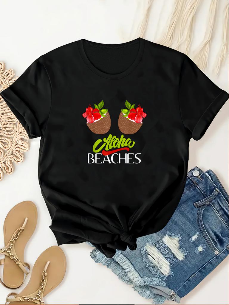 Unisexs Black Tropical Sleeve Tshirt Aloha Beaches Pineapple Strawberries Design Casual Crew Tee