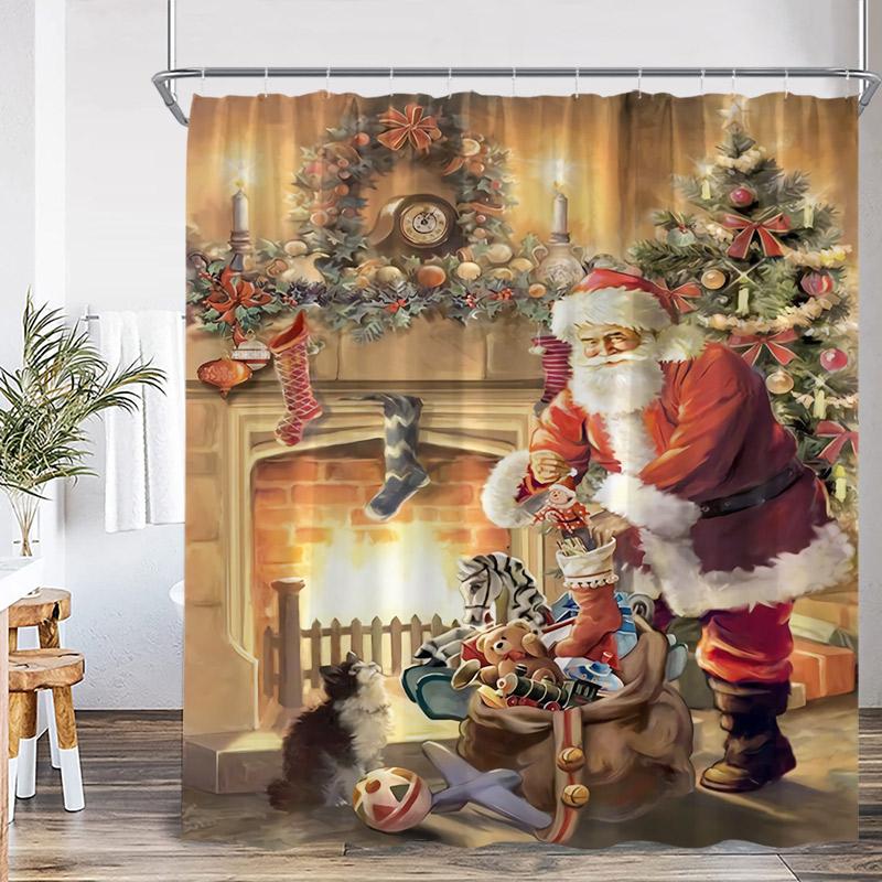 Jultomten Jul Duschdraperi Vinterhus Julgran Gåva Katt Öppen spis Badrumsgardin Tyg Hem Badrumsinredning med Krokar