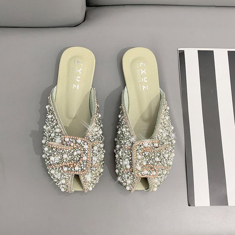 

Fish mouth sandals women spring wear flat bottom rhinestone bag head half slippers lazy muller shoes Internet celebrity commuting wind 40