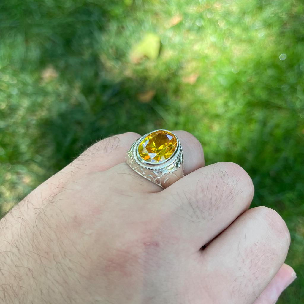 Shiny Citrine Stone Men's Ring - 925 Sterling Silver Decorated Jewelry , Turkish Design Ring, Special Day for Men, Birthday Gift Idea
