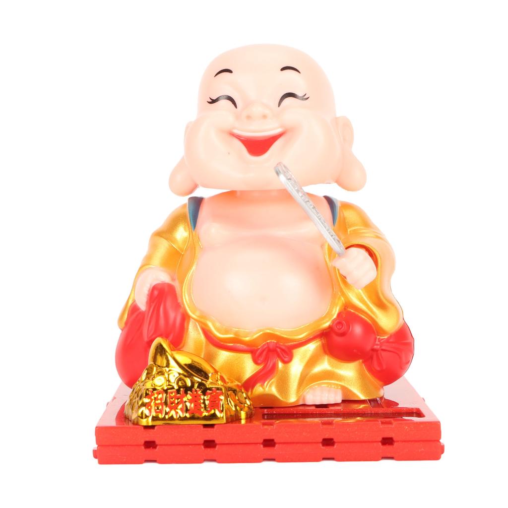 Solar Buddha Figurine Maitreya Auto Hand Shaking Solar Powered Durable ABS Buddha Statue for Home Car Office Gold
