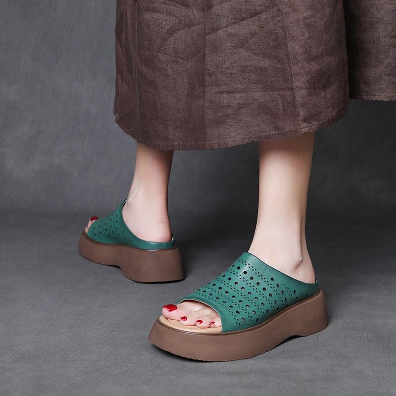 Johnature Pantoufles d'extérieur pour femmes en cuir véritable à bout ouvert et semelles épaisses, sandales compensées ajourées et respirantes de style vintage