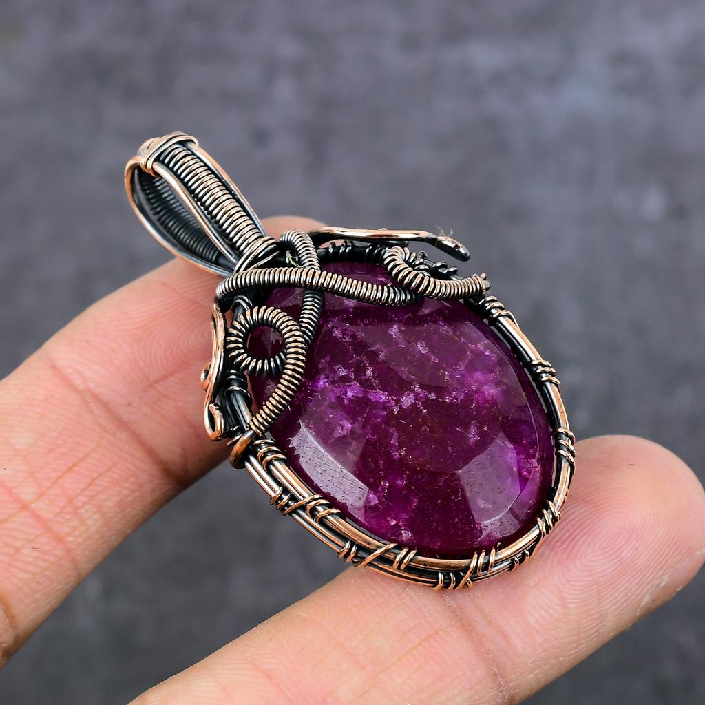 Ruby(Simulated) Gemstone Copper Wire Wrap Jewelry Pendant 2.17" i6b89