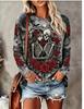 Damen Halloween Langarm-T-Shirt Tag der Toten Zuckerschädel Rose Blumendruck Rundhalsausschnitt Herbst Lässige Oberteile