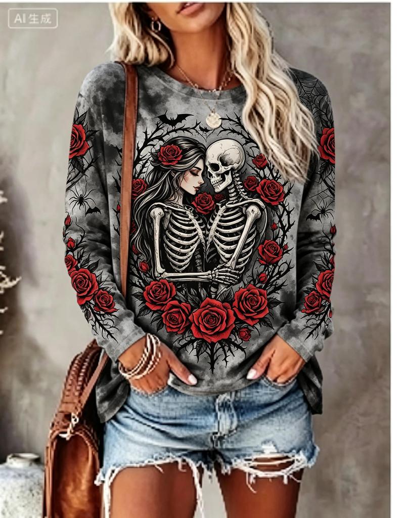 Damen Halloween Langarm-T-Shirt Tag der Toten Zuckerschädel Rose Blumendruck Rundhalsausschnitt Herbst Lässige Oberteile