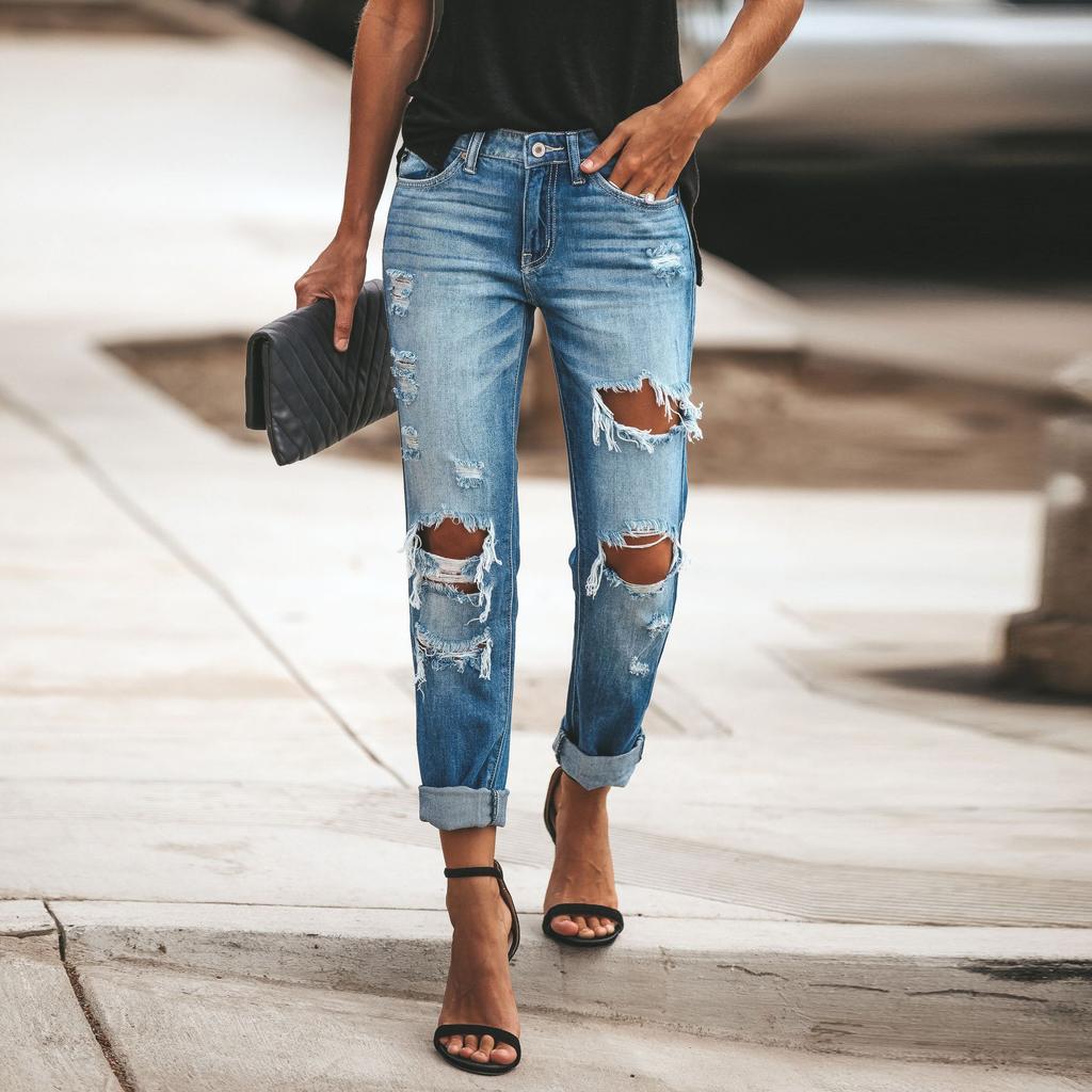 Mode damen loch gerade jeans weibliche getragen kleine bein hosen neue hosen