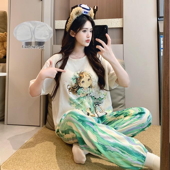 

Korean Women s Summer Pajama Set - Cartoon Clouds, Cotton, Short Sleeve, Long Pants, Round Neck, Pullover, Casual Homewear XL XXL