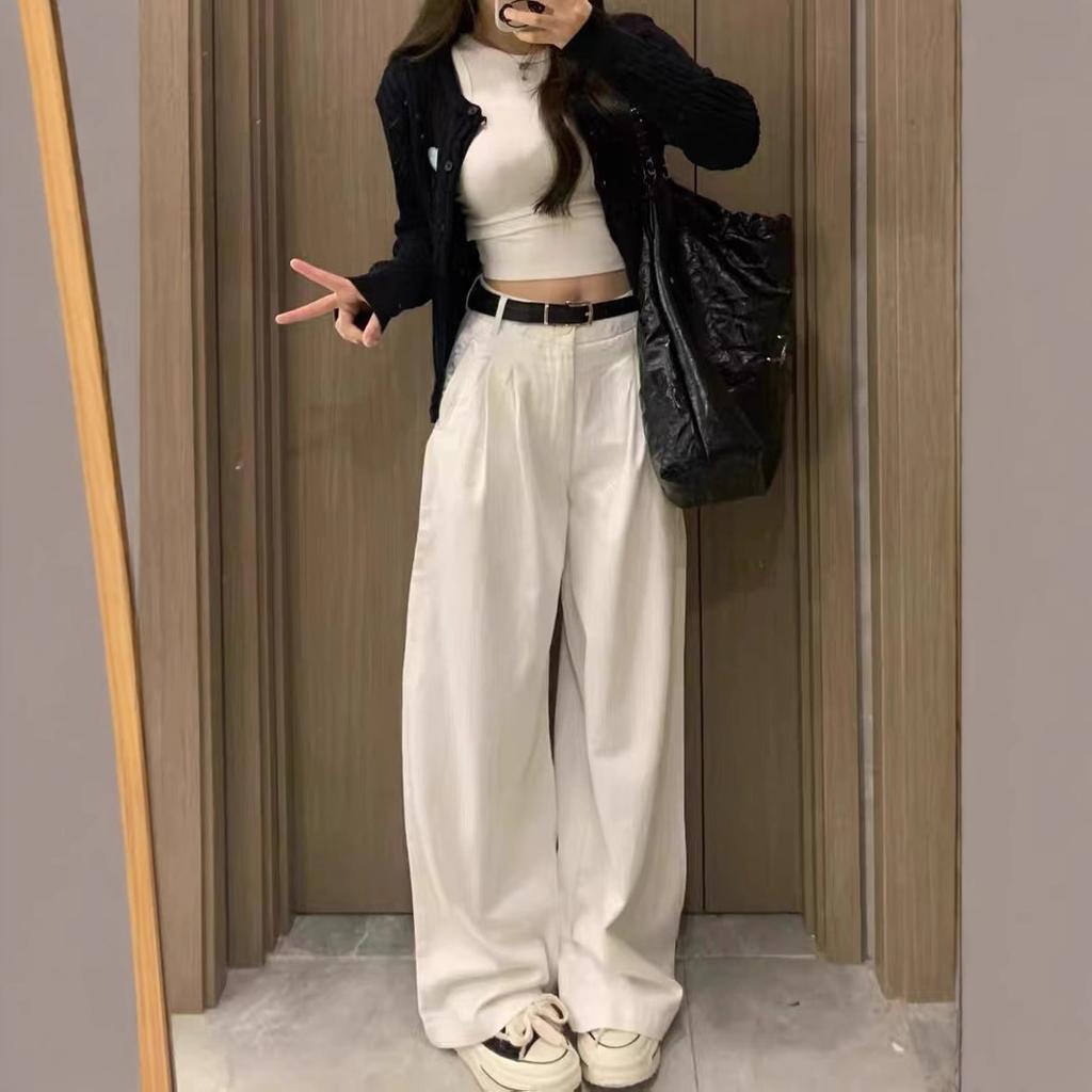 Women's Spring/Fall Loose-Fitting, Slimming White Wide-Leg Jeans: High-Waisted, Flowing Straight-Leg Floor-Length Pants