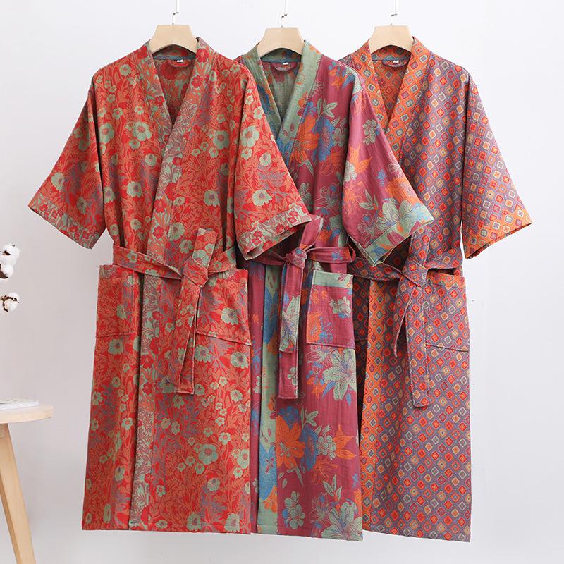 Pure Cotton Double Layer Gauze Bathrobe - Class A Spring/Summer, Thin, Water-Absorbent, Quick-Drying Yukata for Couples