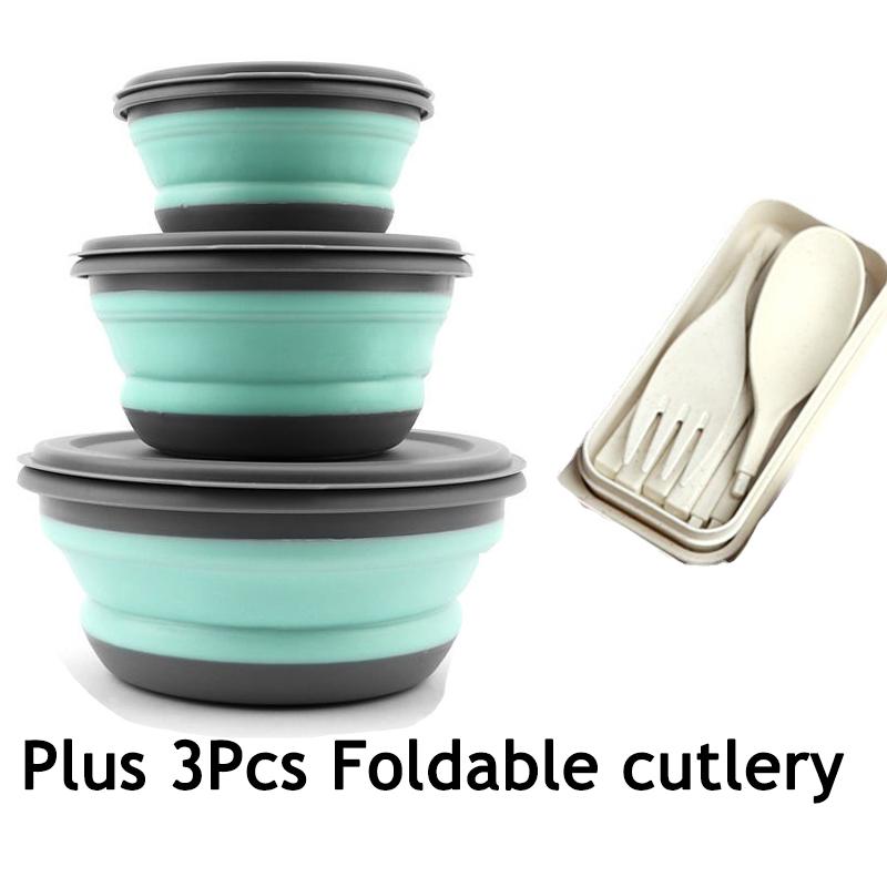 Portable Folding Lunch Box Bowl Sets Silicone 3Pcs/Set Food Container Outdoor Camping Tableware Set Foldable Salad Bowl with Lid