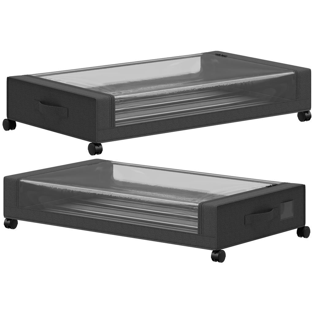 Under-Bed Storage Box on Wheels, Set of 2, 40 L, 78 x 44 x 16 cm, Black