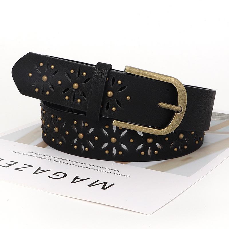 Women S Vintage Belt Hollow Flower Rivet Decorative Belt For Jeans Dress Dual Color