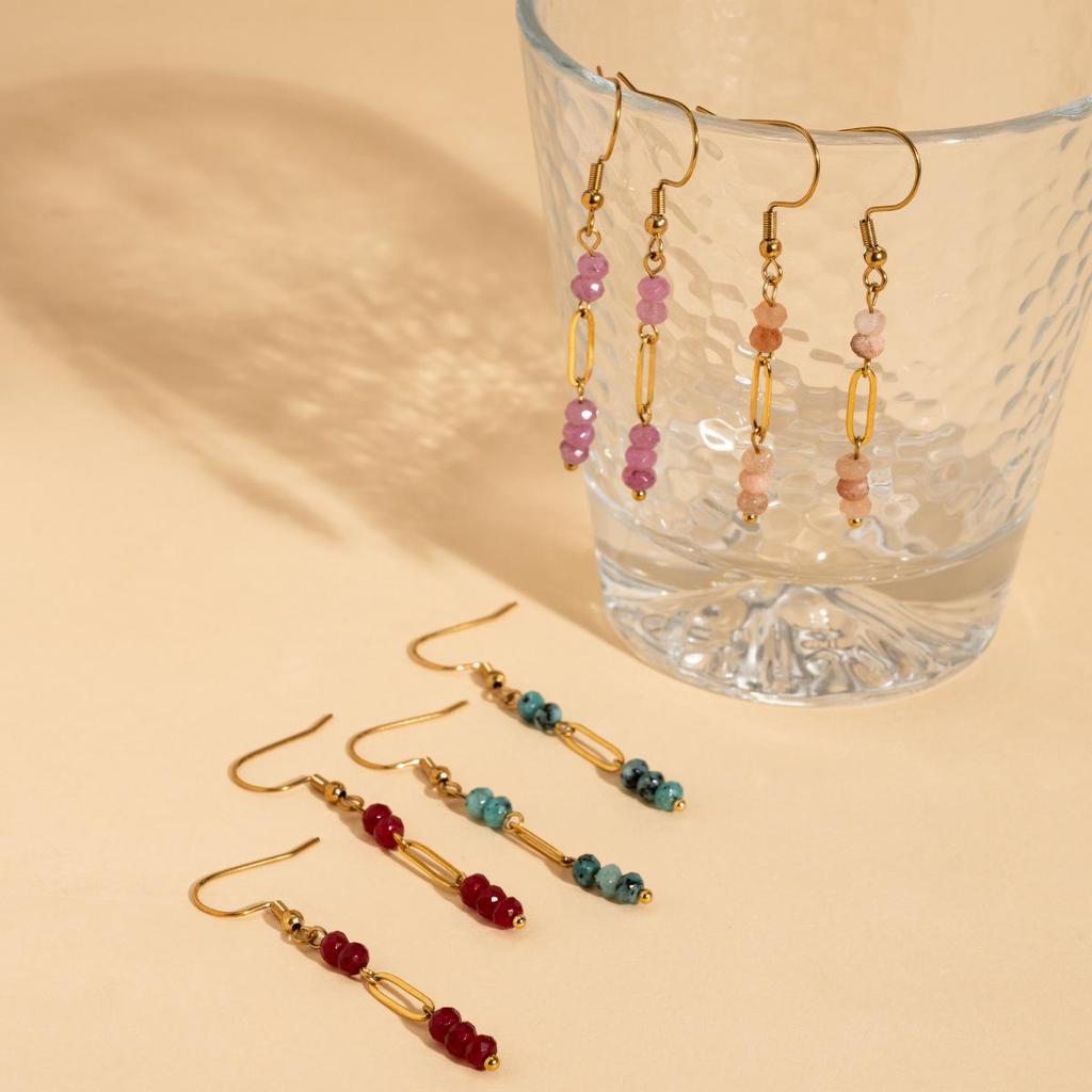 European and American Multicolor Natural Stone & Seed Bead Tassel Earrings, Stainless Steel Women's Accessory