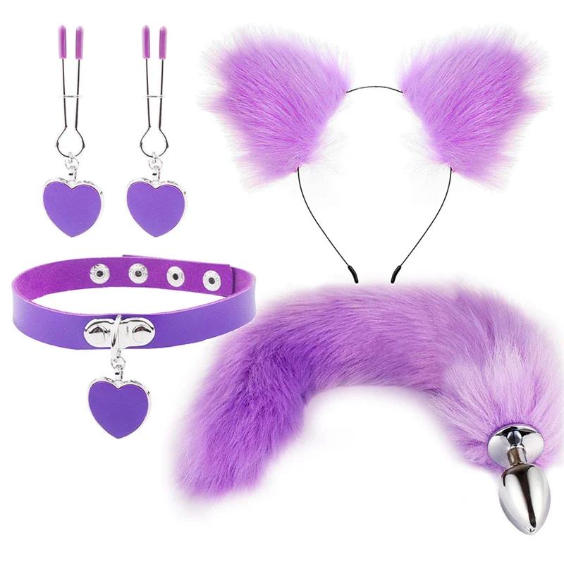 Anal Sex Toys Fox Tail Butt Plug Sexy Plush Cat Ear Headband With Bells Necklace Set Massage Sex Toys For Women Couples Cosplay