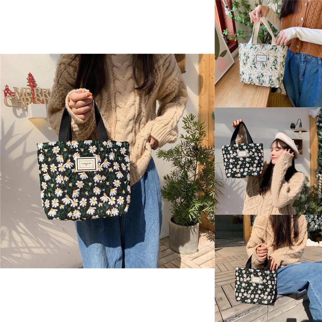 Elegant Embroidered Daisy Floral Handbag Soft Cotton Linen Tote Bag For Moms