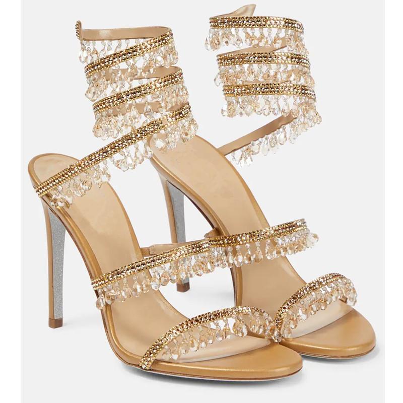New Crystal Pendant, Snake-shaped Wrapped Rhinestone Tassel Decorative High-heeled Women's Sandals