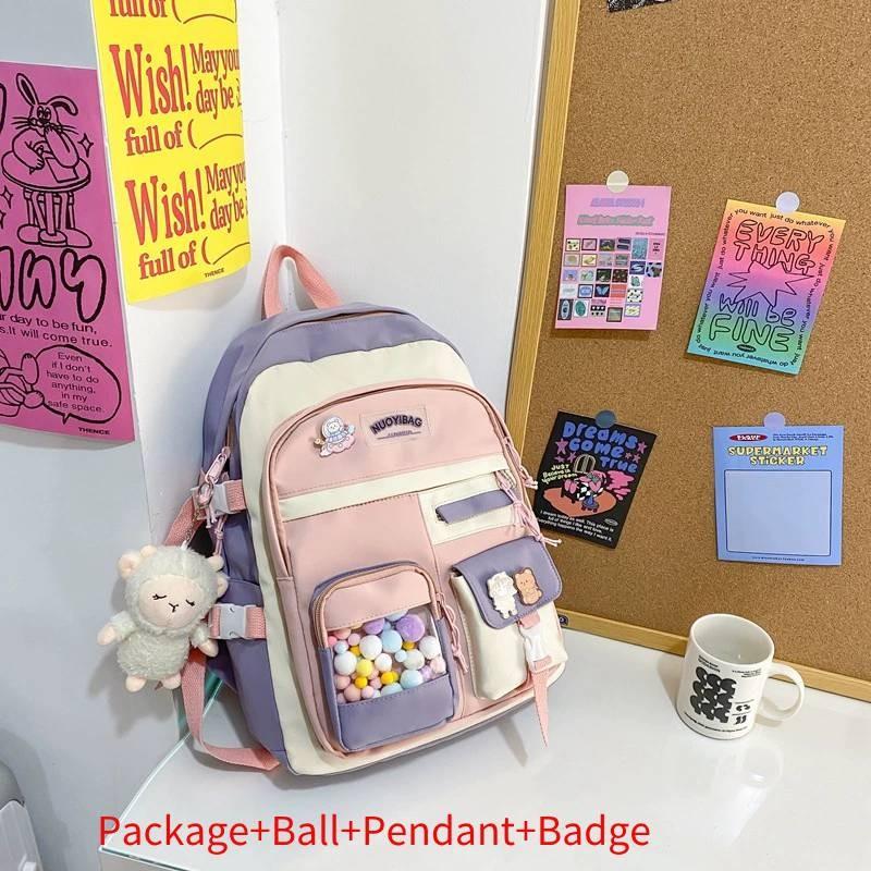 

Fashion Color Blocked Student Backpack With Colorful Ball Pendant Badge Decor For Casual Travel And Daily Use фиолетовый