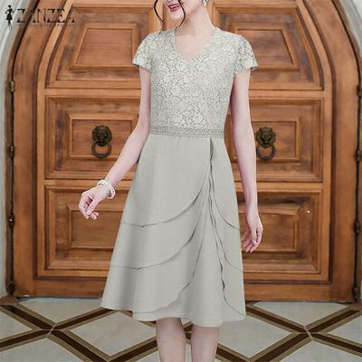 Vestido Casual de Mujer con Cuello en V, Manga Corta, Bordado, Encaje Patchwork
