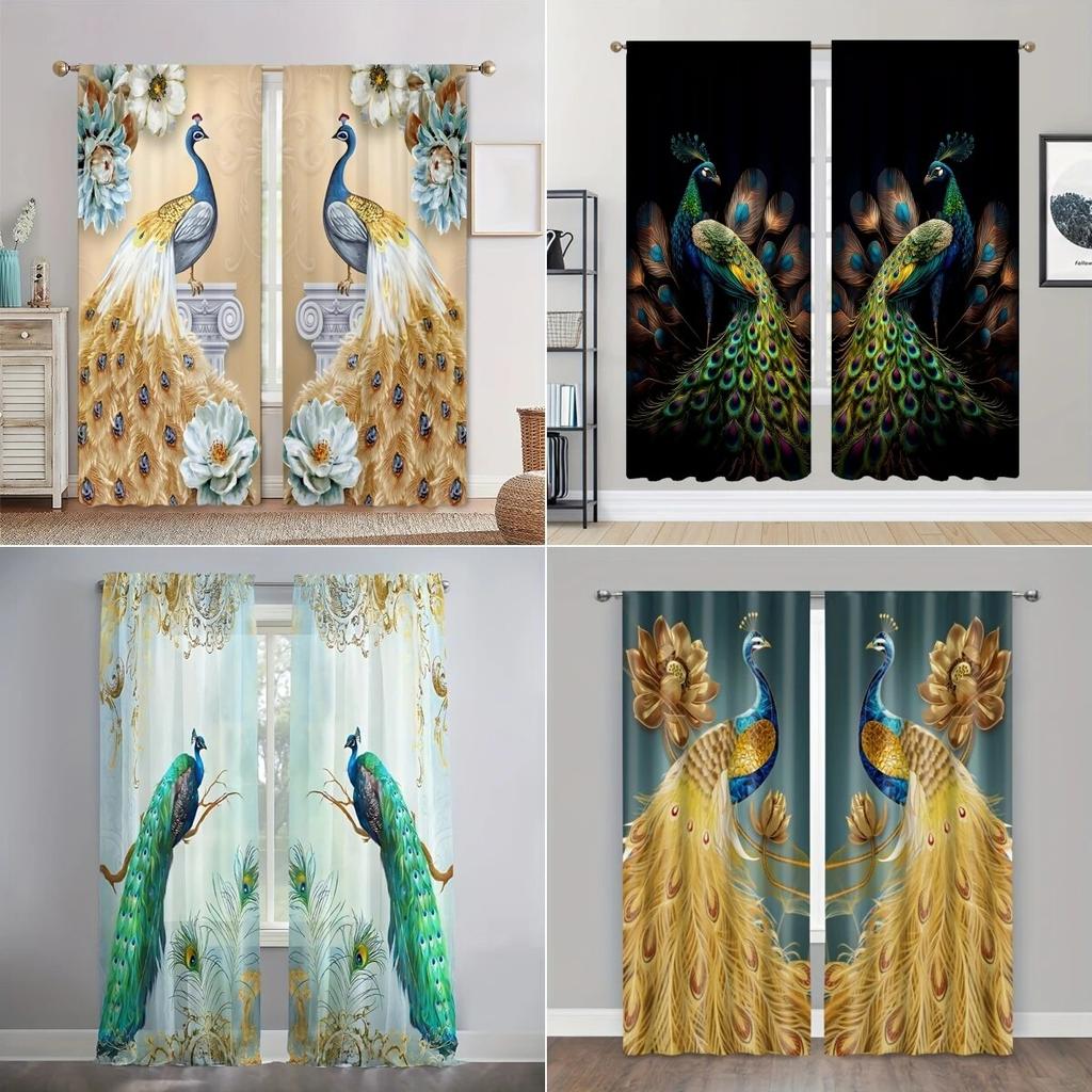 2pcs Elegant Peacock Pattern Curtains Polyester Rod Pocket For Living Room Bedroom Kitchen Study Stunning Background Decor