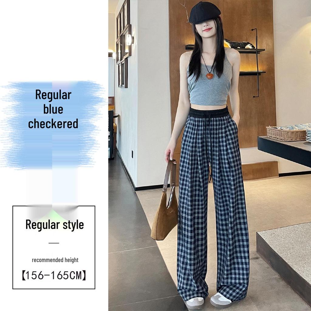 Retro Blue Plaid Wide-Leg Pants - Spring/Summer 2026 Collection, Lazy Style, Drapey Straight-Leg Casual Pants