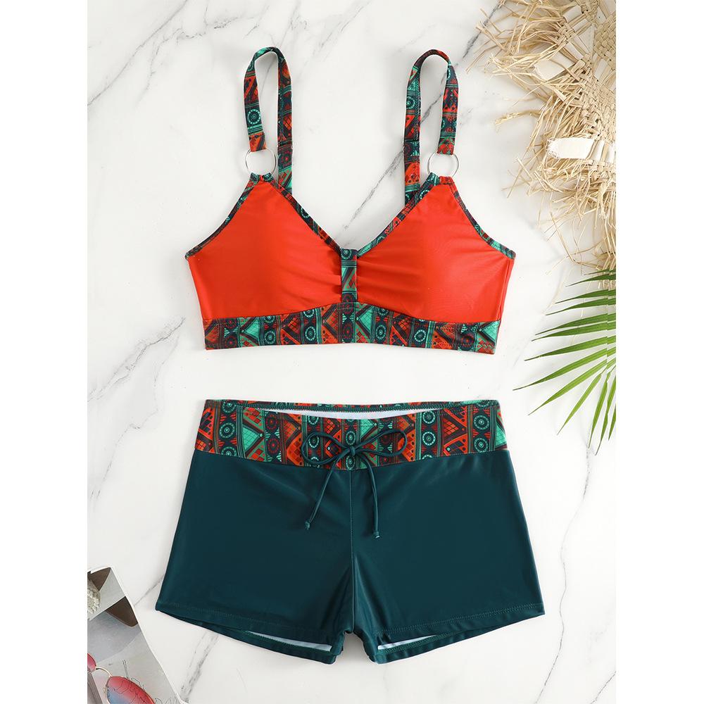 Tankinisett med blomstermønster for kvinner, Elegant 2-delt bikini-badedrakt med justerbare stropper og høy midje, Sommerstrandklær