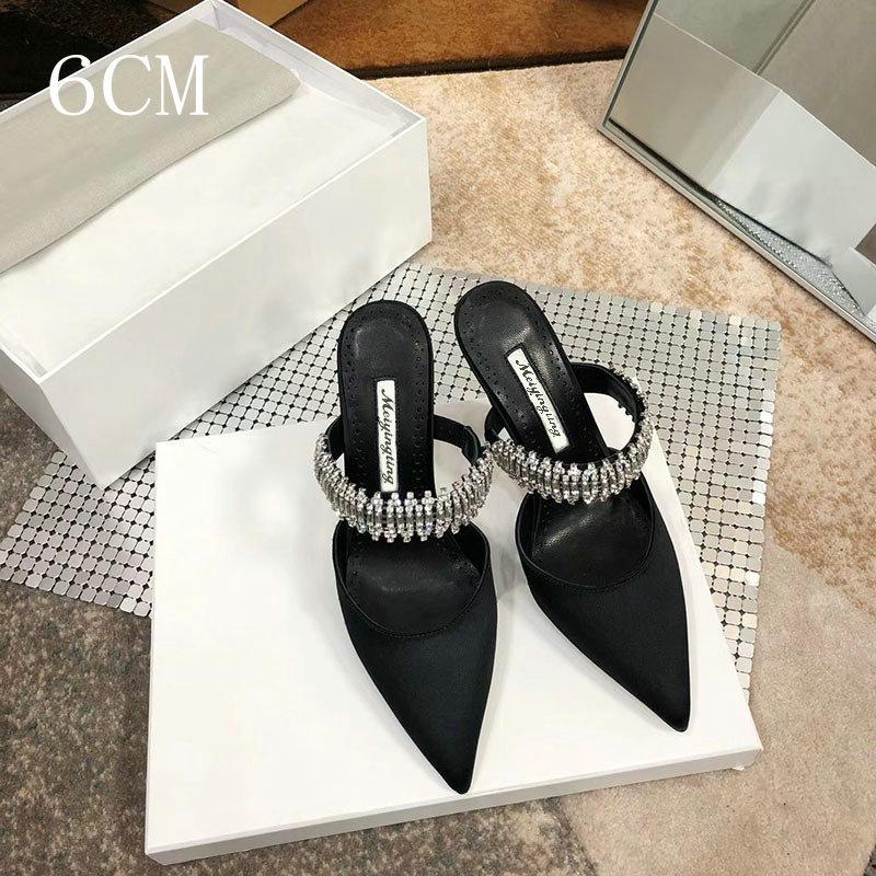 Pointy Pinheel Rhine-Diamond Chain Satin Top High Heels Mullers Pinheel Green Wedding Shoes Flat Bridesmaid Shoes