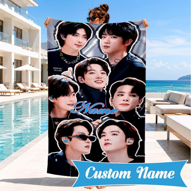 Custom Name K-pop Stars Friends Beach Towel Microfiber Beach Towel, Lightweight and Quick-Dry, for Summer Travel, Swimming Pool Gift