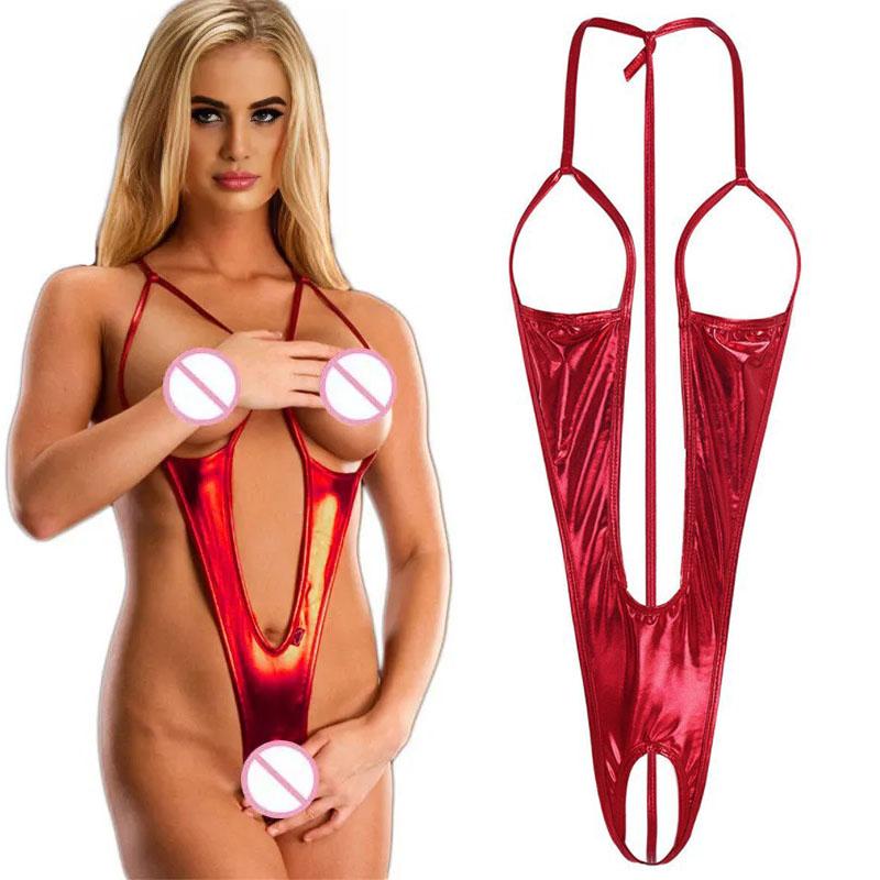 Hot Sexy V-shaped Glossy Bodysuit Women Sexy Lingerie Erotic PU Leather Bikinis Porn Roleplay Outfits Fancy Underwear Sexy Set