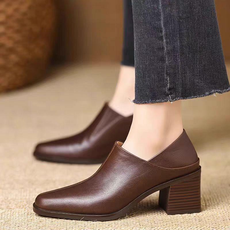 2026 New Fashion  Genuine  Chunky Heels Pumps for Women Square Toe Med Heels Deep Mouth Pumps Female Work Shoes