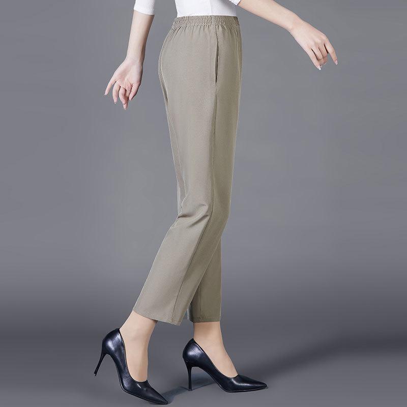 Summer Ice Silk High-Waist Elastic Pants for Middle-Aged and Older Women - Casual, Loose-Fit, Straight, Nine-Point Length