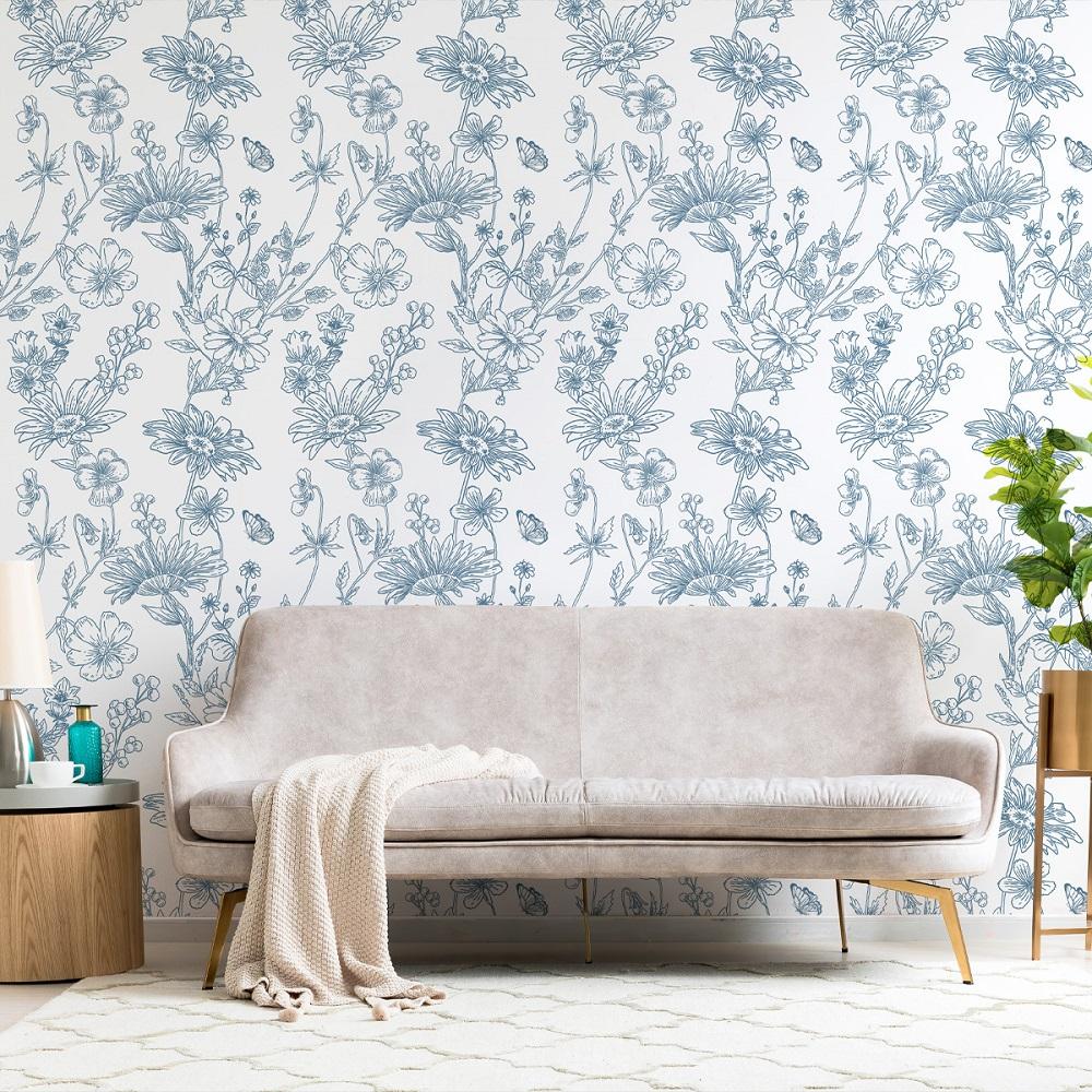 Simple Blue Floral Wallpaper For Bedroom Cute Wall Stickers Self-Adhesive Pvc Waterproof Removable Wallpaper Home Decoration