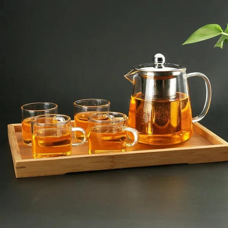 NEW Heat Resistant Glass Teapot With Stainless Steel Infuser Heated Container Tea Pot Good Clear Kettle Square Filter Baskets