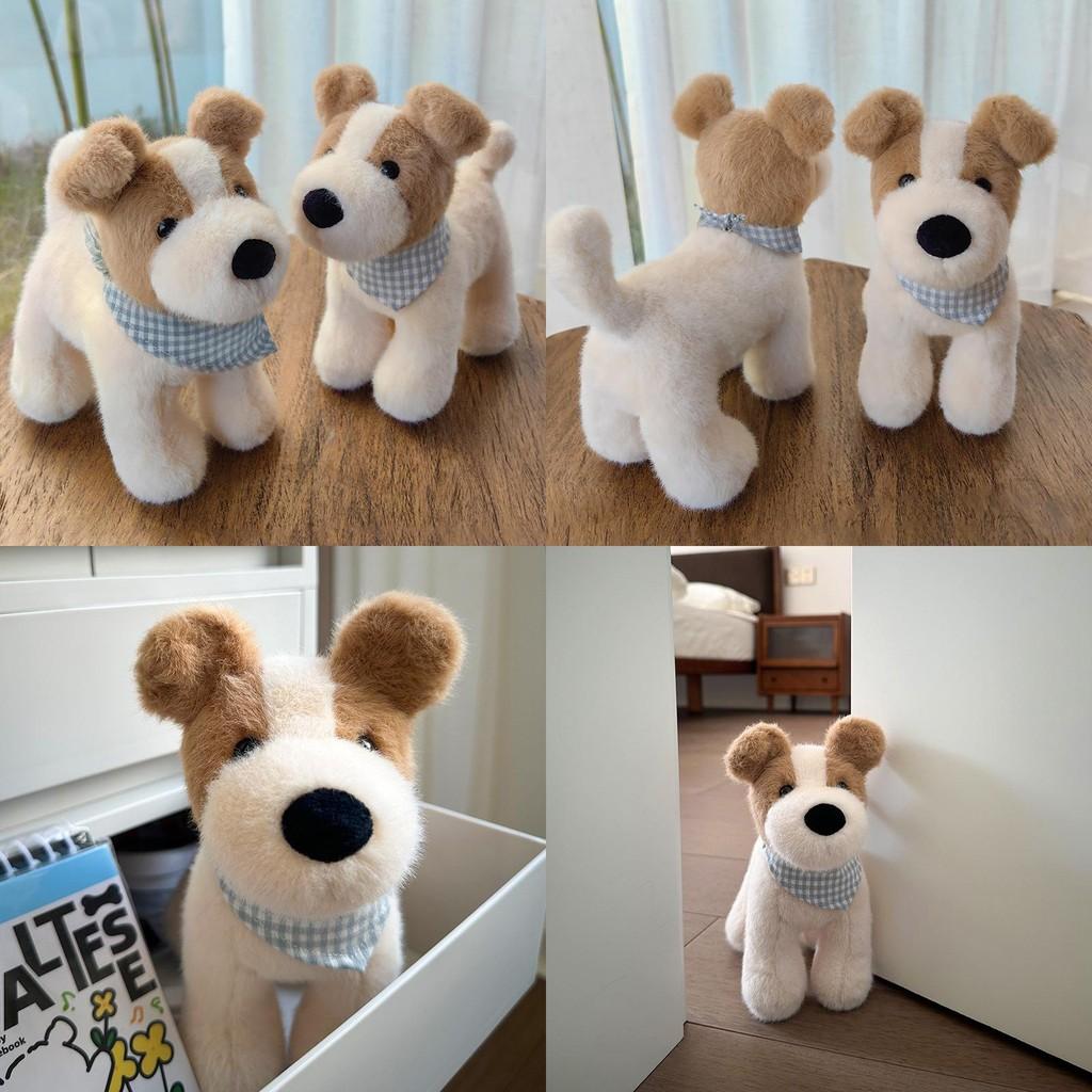 Checkered Cute Blue Scarf Plush Dog Doll Children Toy For Decoration Room