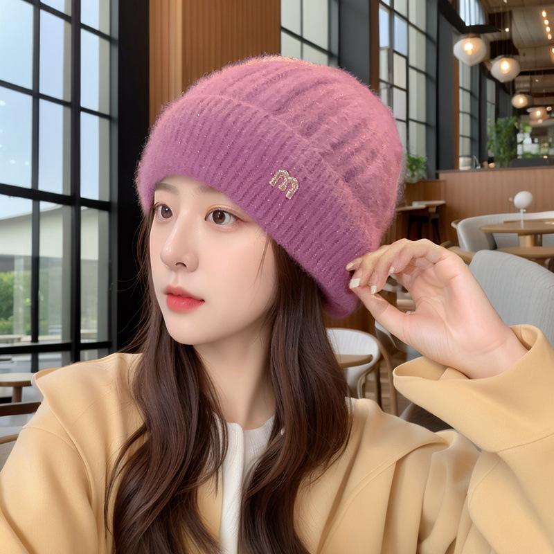 

Winter New Korean Style Mink Knitted Hat for Women Solid Color Velvet and Thickened Fashionable Versatile Windproof and Warm Woolen Hat