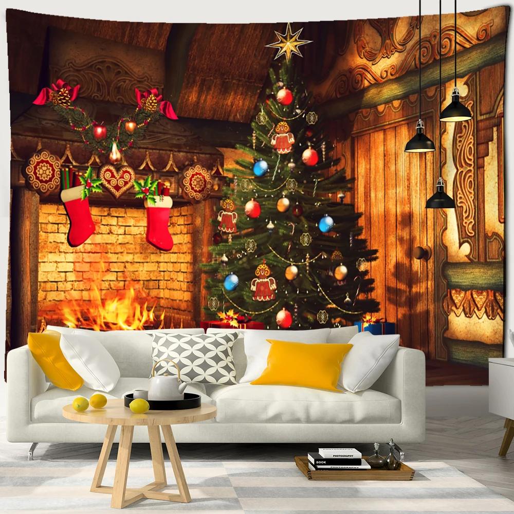 Neon Fireplace Tapestry Wall Hanging Christmas Tree Gift Socks New Year Atmosphere Background Cloth Witchcraft Home Decor