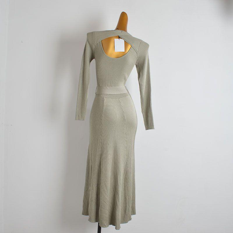 Foreign Trade Order Long Sleeve Knitted Dress Women Clothes Spring and Autumn Gyaru Sexy Hollow-out Backless Waist Lace-up Sheath Long Dress