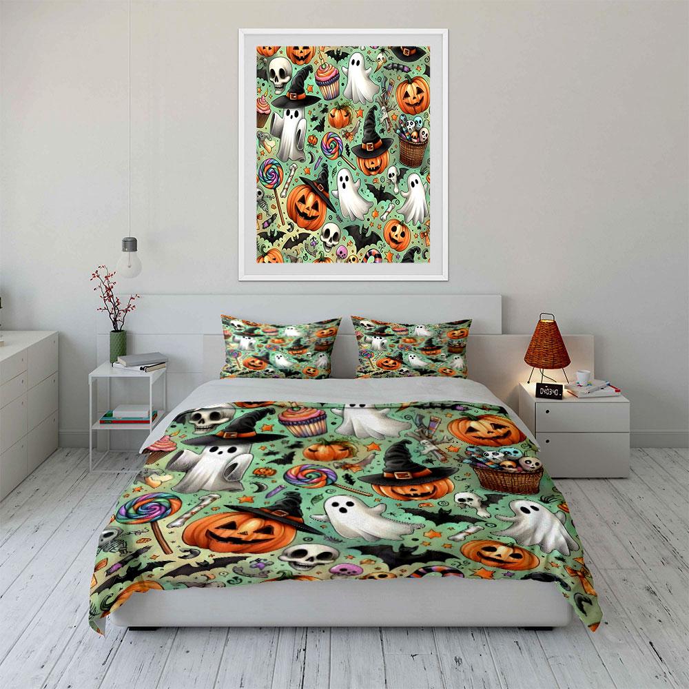Halloween Party Decorative Set Bedding Set with 1 Duvet Cover 2 Pillowcases Single Double King Queen, Gift
