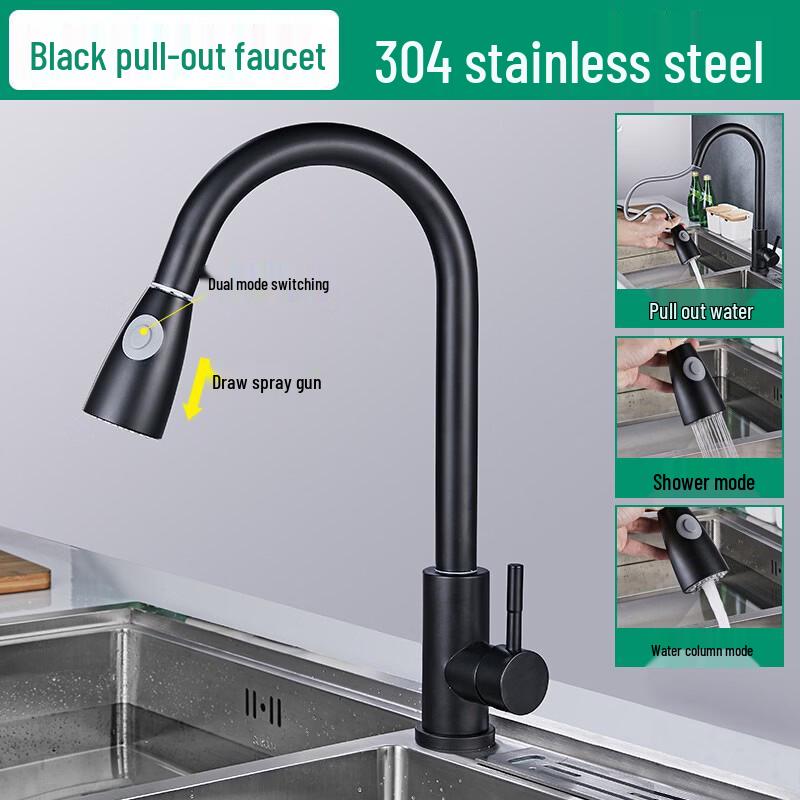 TLXT Black Stainless Steel Pull-Out Wall-Mounted Faucet